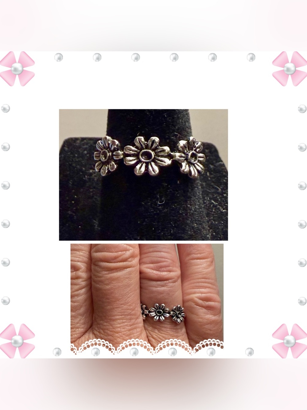 Ring - row of daisies flowers - dainty stackable - stainless steel - 7.25 NEW!